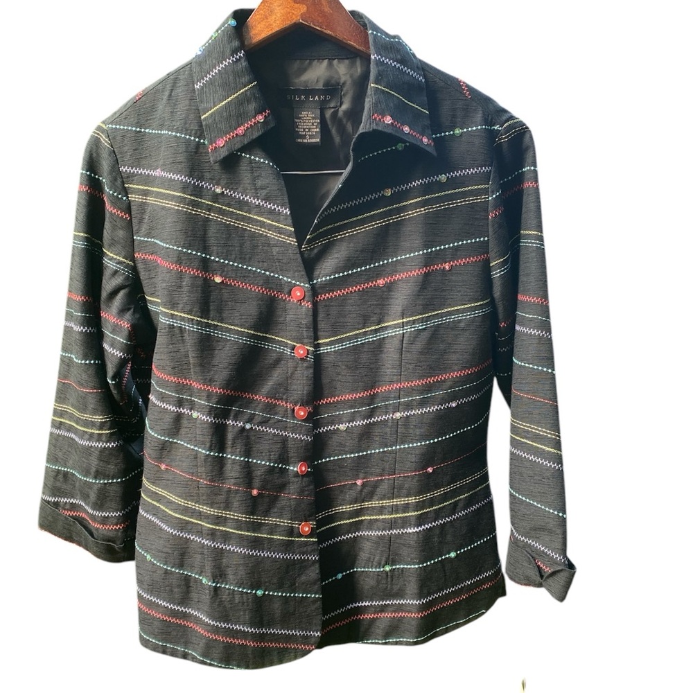 Silkland Blazer Size small black silk sequin embroidered lined striped